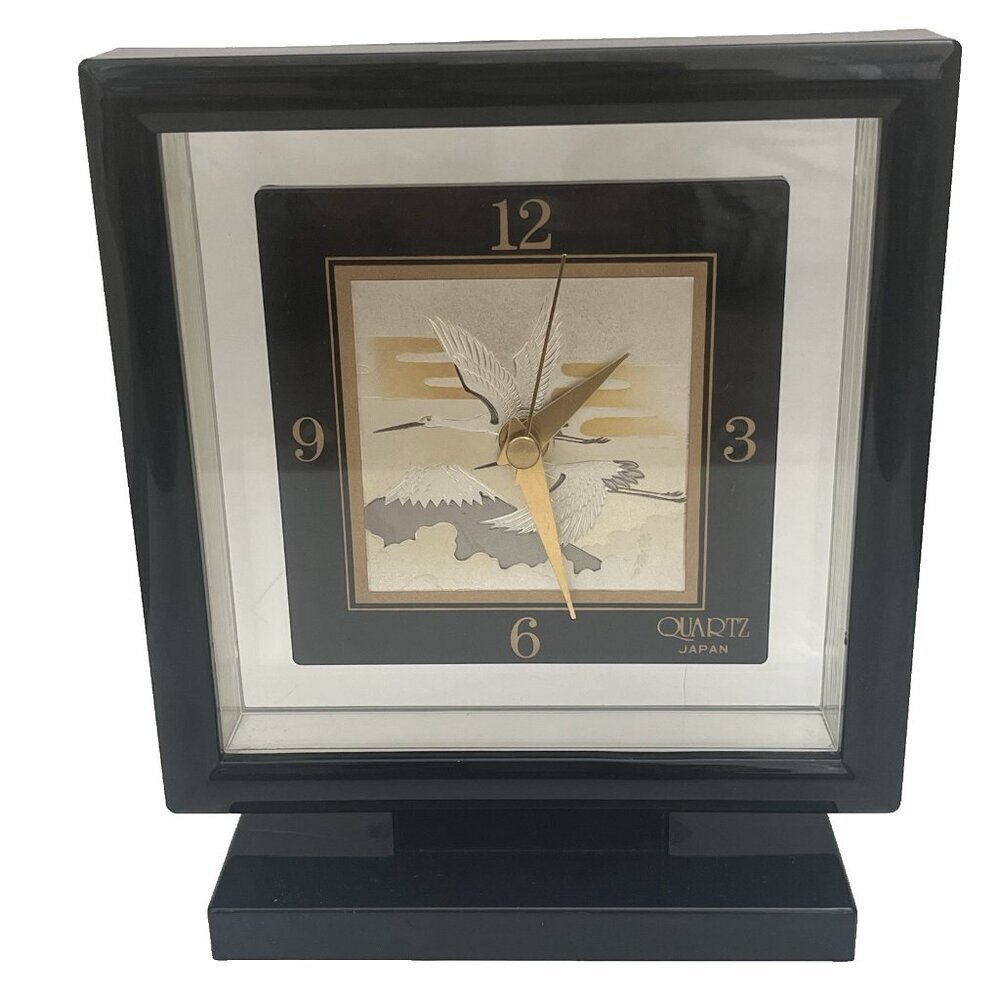 Vintage Japan Quartz Mantel Clock Black Japanese Cranes Bird of Happiness MCM